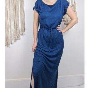 Lou & Grey 100% Linen Side Slit Maxi Dress sz XS BLUE